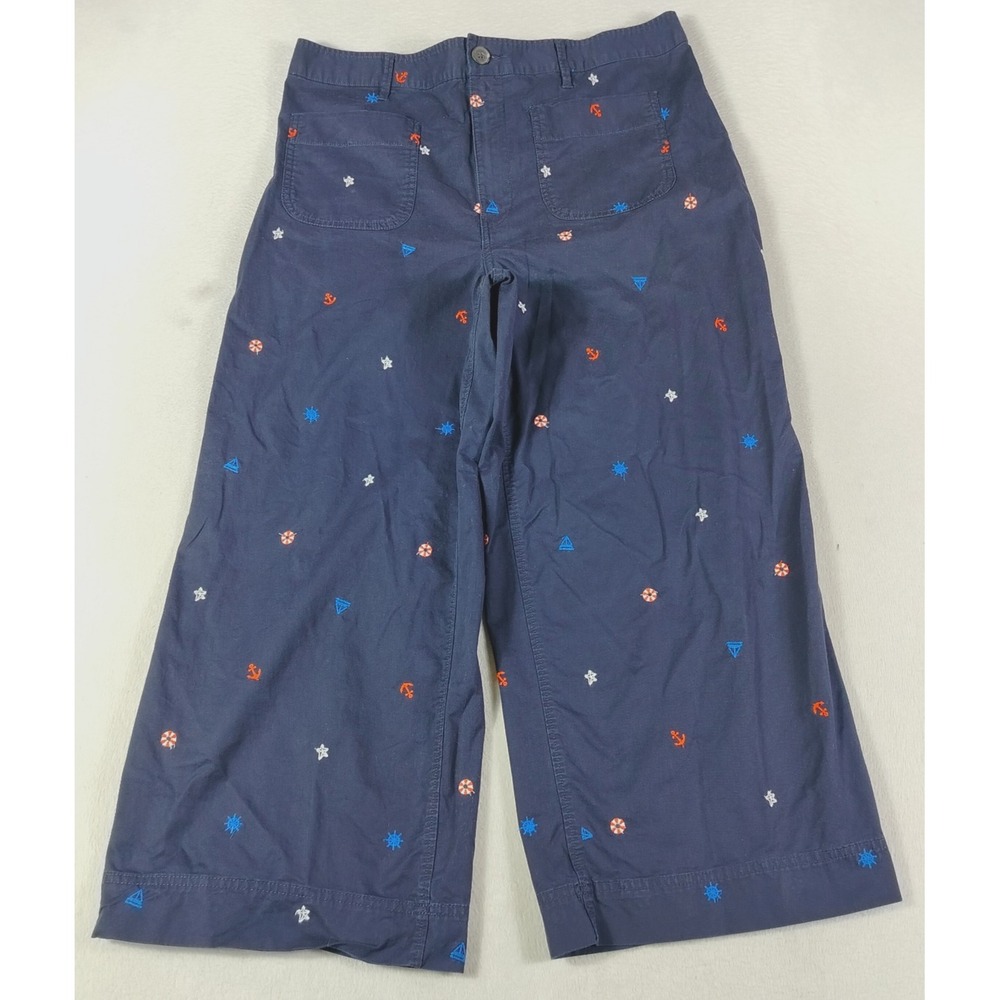 Free Assembly Women's Nautical Embroidered Capri Pants XL Navy Anchors Sailboat